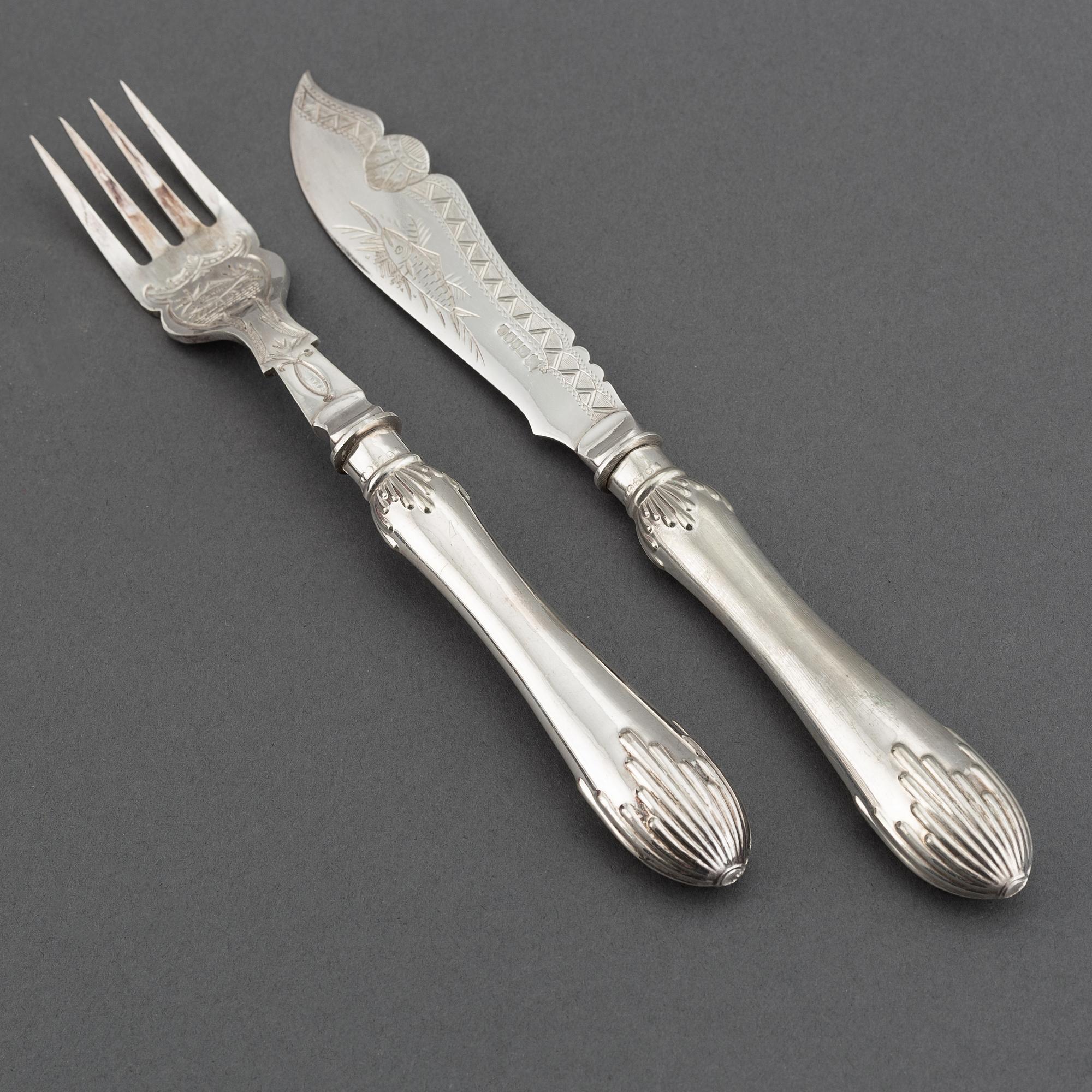 Fiskbestick, 24 st, nysilver, England, 1900-tal.
