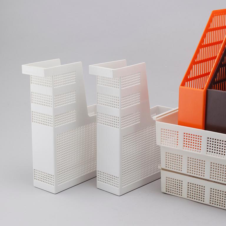 Six (3+3) journal holders and three file drawers, by Huskvarna Borstfabrik and Sinjet, 1970/80s.