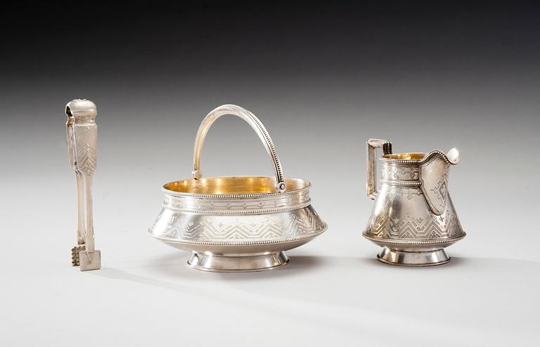 RUSSIAN SUGAR BOWL, SUGAR TONGS AND MILK JUG.