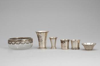 PARTI SILVER, 6 delar, bland annat CG Hallberg, Stockholm, 1937. Total vikt ca 156g.