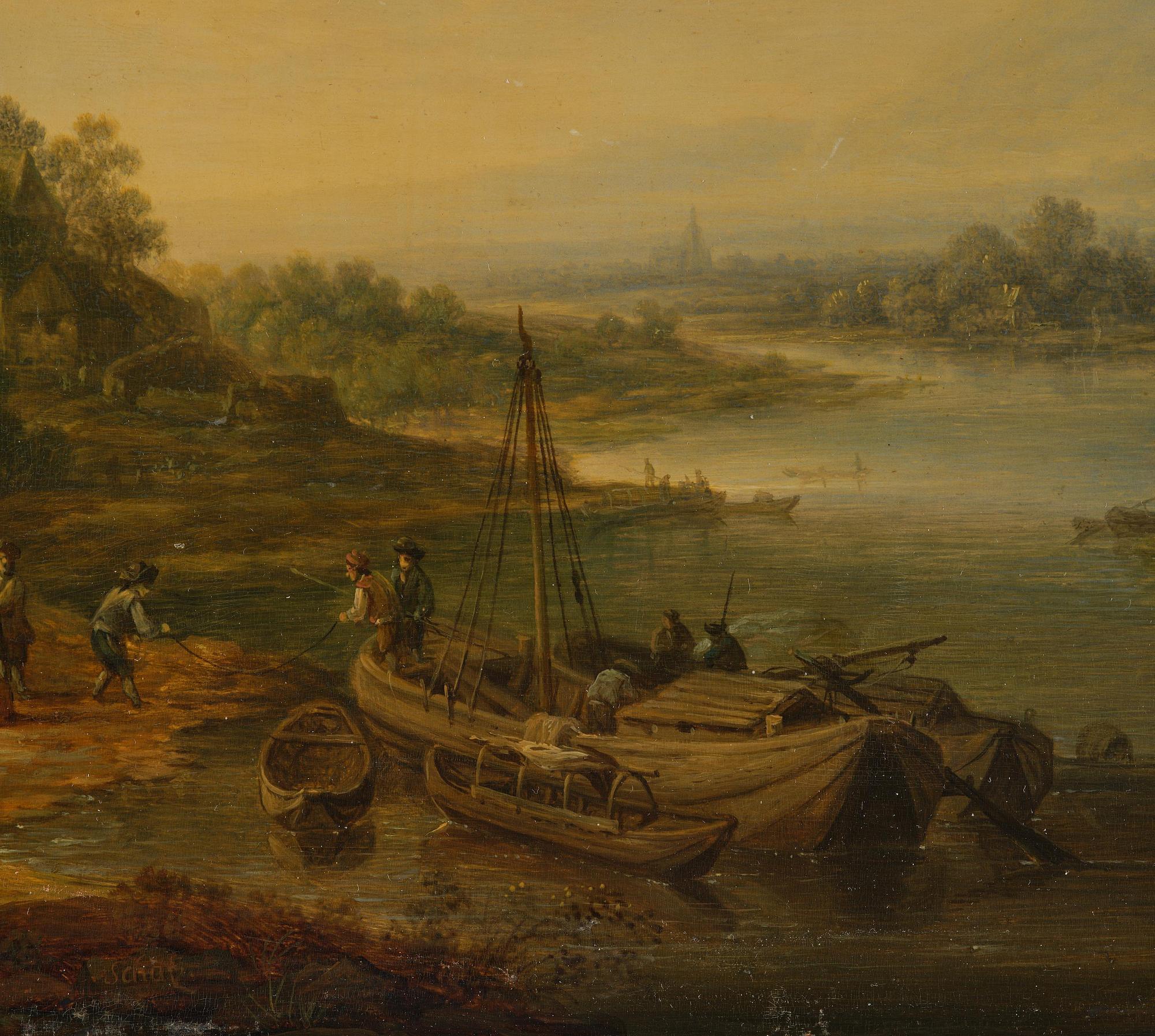 Christian Georg Schütz, Pastorala flodlandskap med figurer och båter, ett par.