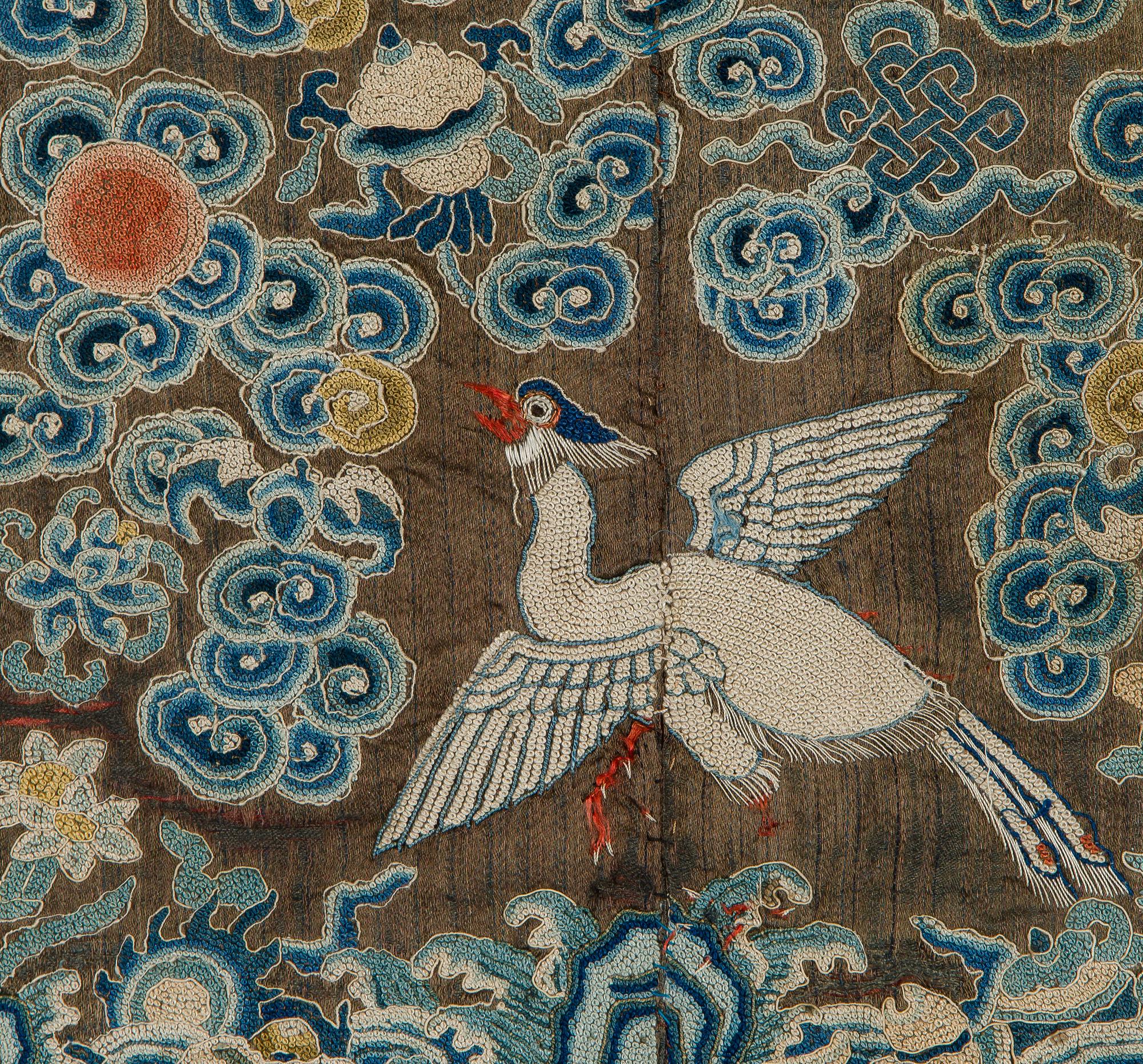 An embroidered rank badge/buzi, Peking knot technique. Late Qing dynasty.