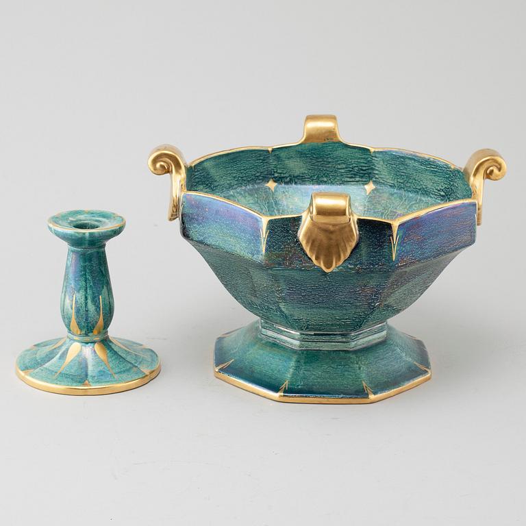 JOSEF EKBERG, an earthenware bowl and a candle holde from Gustavsberg.