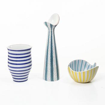 Stig Lindberg, Vaser, 2 st, samt en skål, fajans, Gustavsberg Studio.