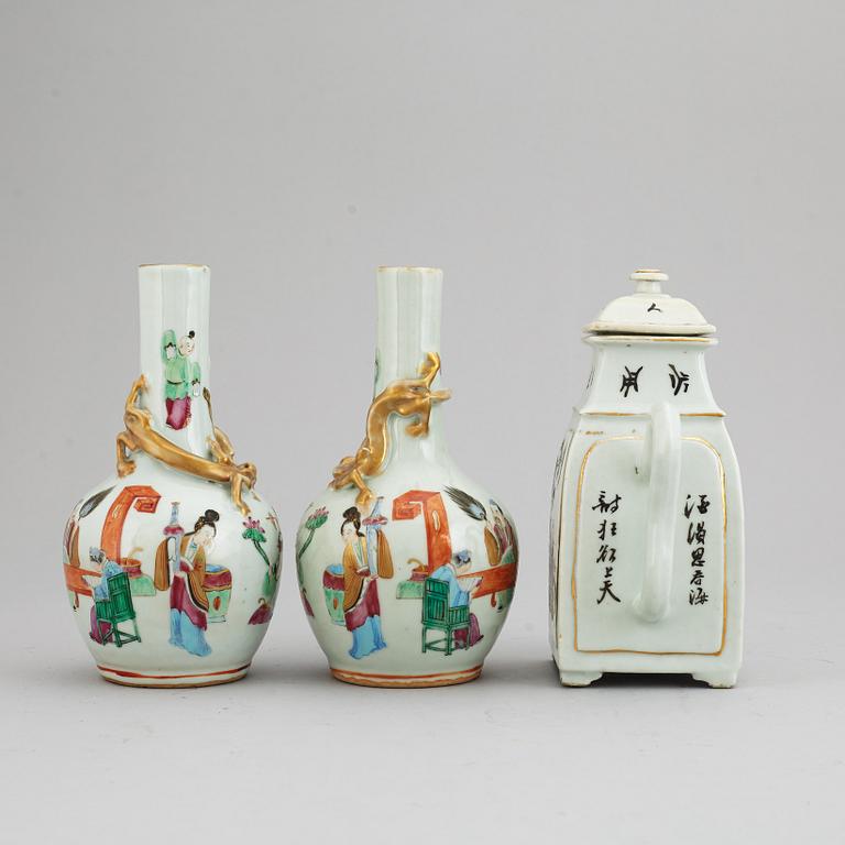 A pair of famille rose vases, and a tea pot, Qing dynasty, 19th Century and circa 1900.