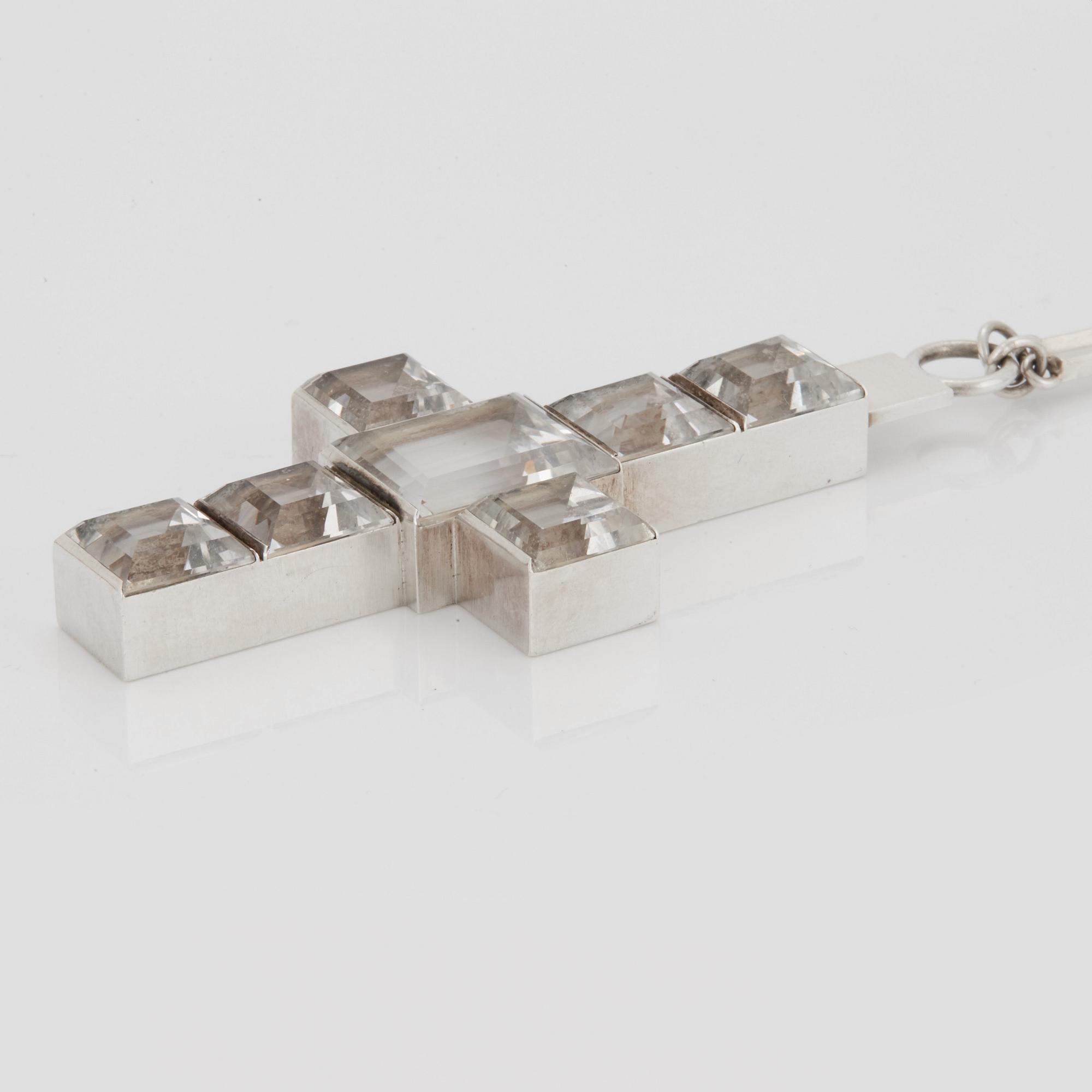 Wiwen Nilsson, a necklace with cross-shaped pendant, sterling with facet cut rock crystals, Lund Sweden 1938.