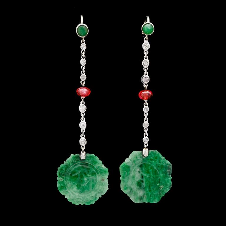 EARRINGS, carved jade, rubies and small diamonds.