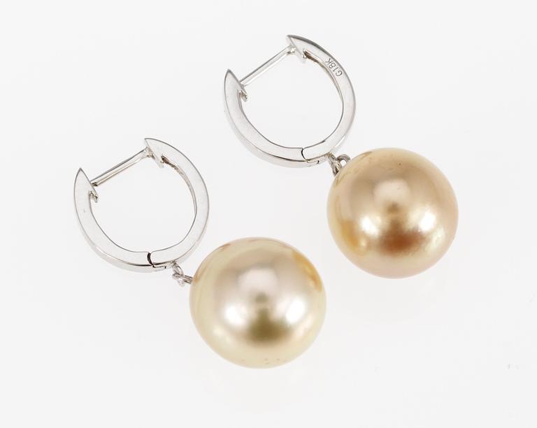 EARRINGS, set with cultured golden South sea pearls, app. 12 mm.