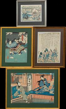 TRÄSNITT, 4 st,  bland annat Utagawa Kunisada, Japan, 1800/1900-tal.
