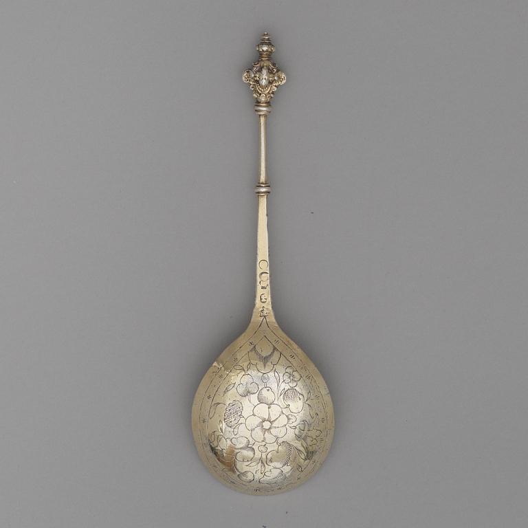 Michel Beck, sked med dubbel kerubknopp, silver, Stockholm 1630-1673, renässans.