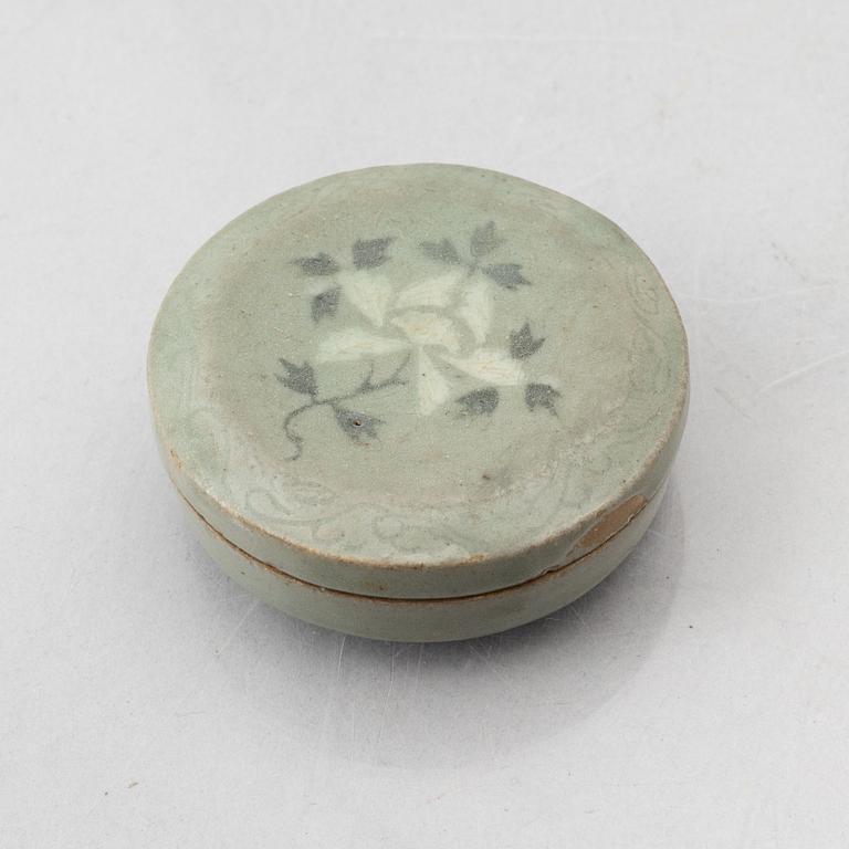 A Korean Celadon glazed box with cover, Koryo dynasty (918–1392).