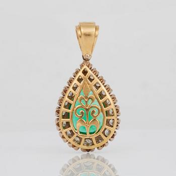 An emerald, circa 10 cts, and diamond, in total circa 2 cts, pendant.