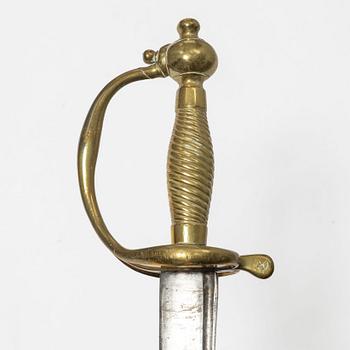 A Swedish police sabre and cutlass, with scabbards.