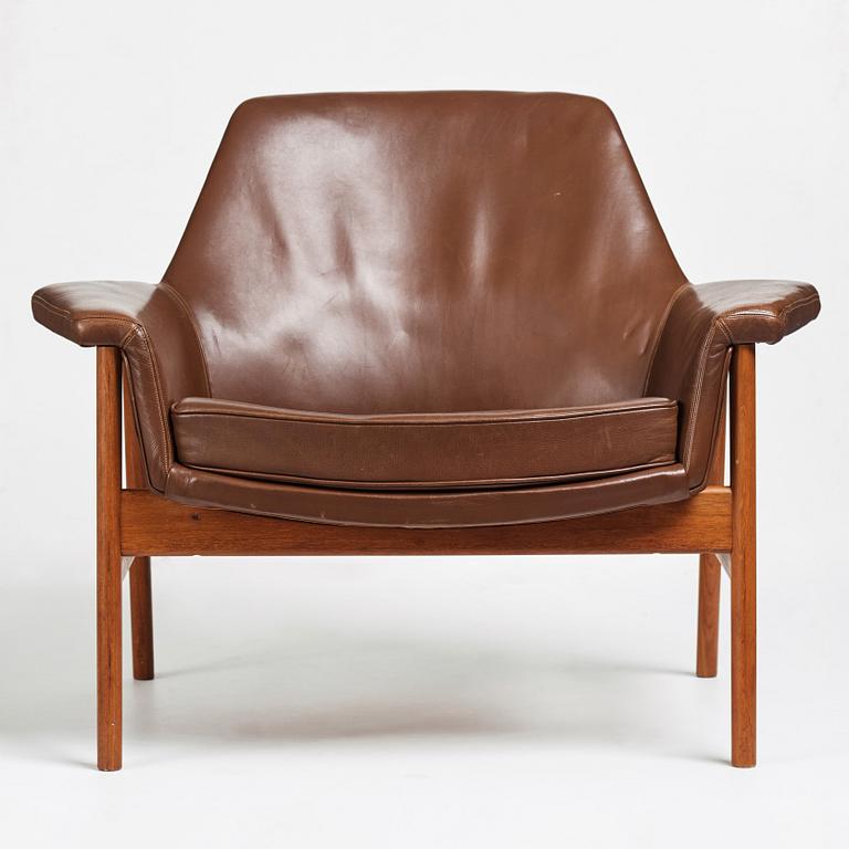 Ib Kofod-Larsen, a teak and brown leather easy chair, Olof Perssons Fåtöljindustri (OPE), Sweden, 1950-60's.