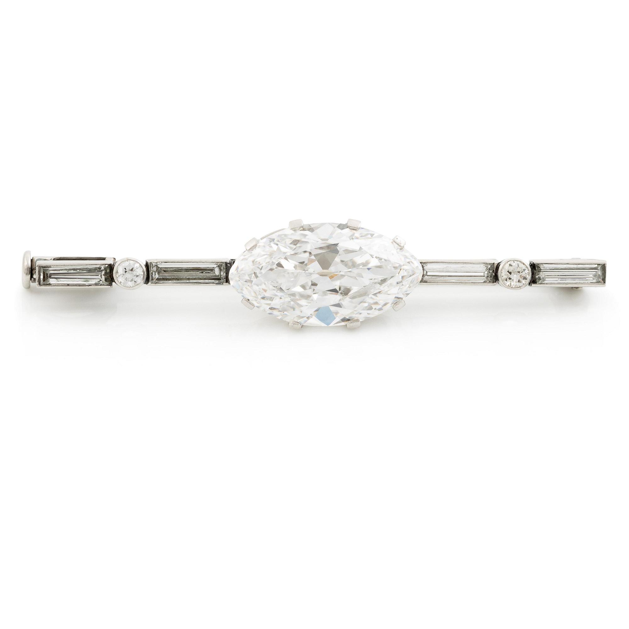 A brooch in platinum with an old-cut navette-shaped diamond ca 3.65 ct.