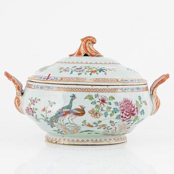 A famille rose 'double peacock' tureen with matched cover, Qing dynasty, Qianlong (1736-95).