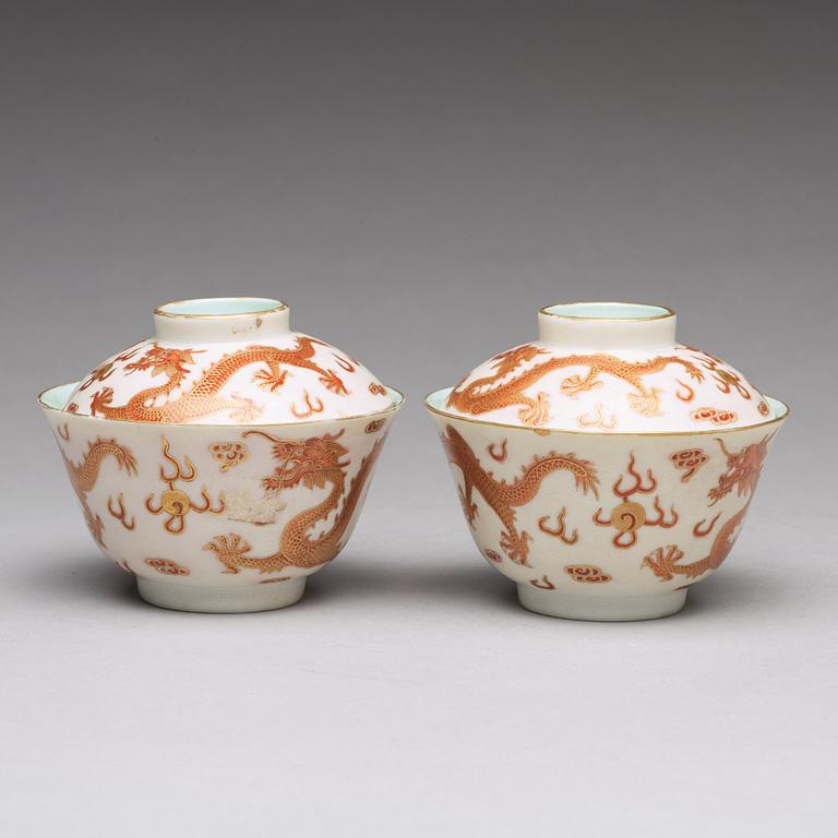 A set of two five clawed dragon cups with covers, China, early 20th Century with mark.