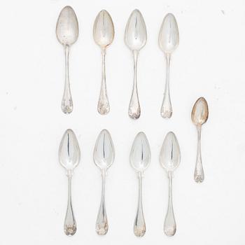 Nine Swedish silver spoons, 1843–1915.