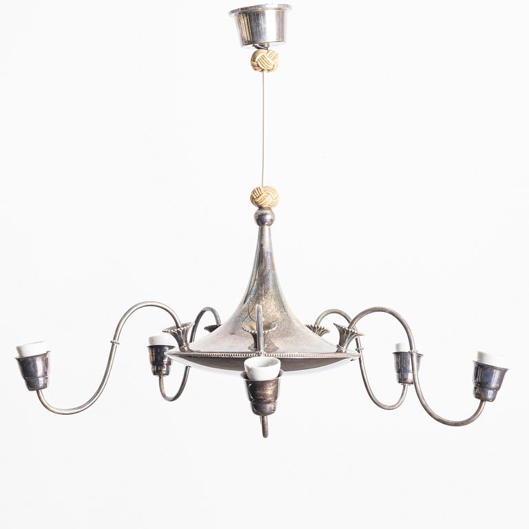 Elis Bergh, Attributed to. Ceiling lamp, silver plate, Swedish Grace, 1920s-30s.