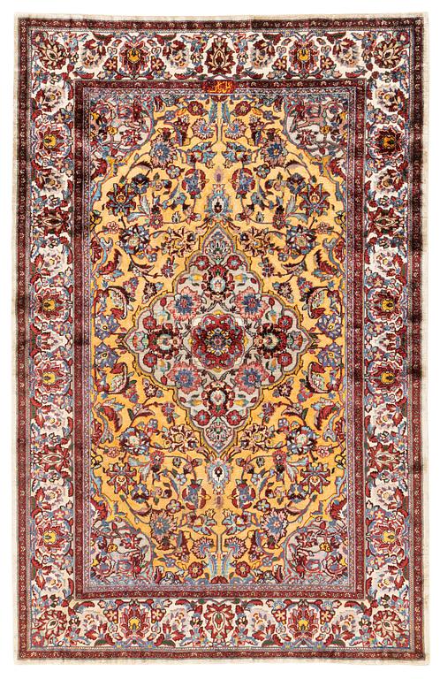 A semi-antique oriental silk rug, signed, c 176 x 118 cm.