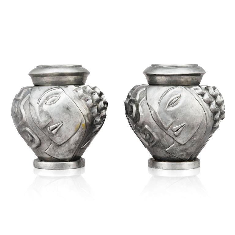 Anna Petrus, a pair of lidded pewter 'Profilvasen' jars, Svenskt Tenn, Stockholm 1980.