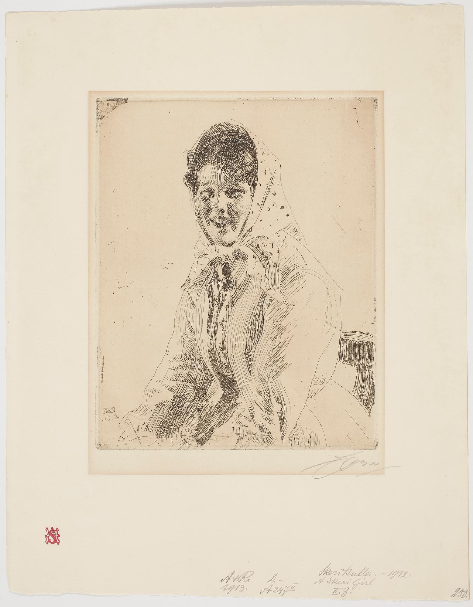 ANDERS ZORN, etsning, signerad i blyerts. Utförd 1912. Samlarstämpel.