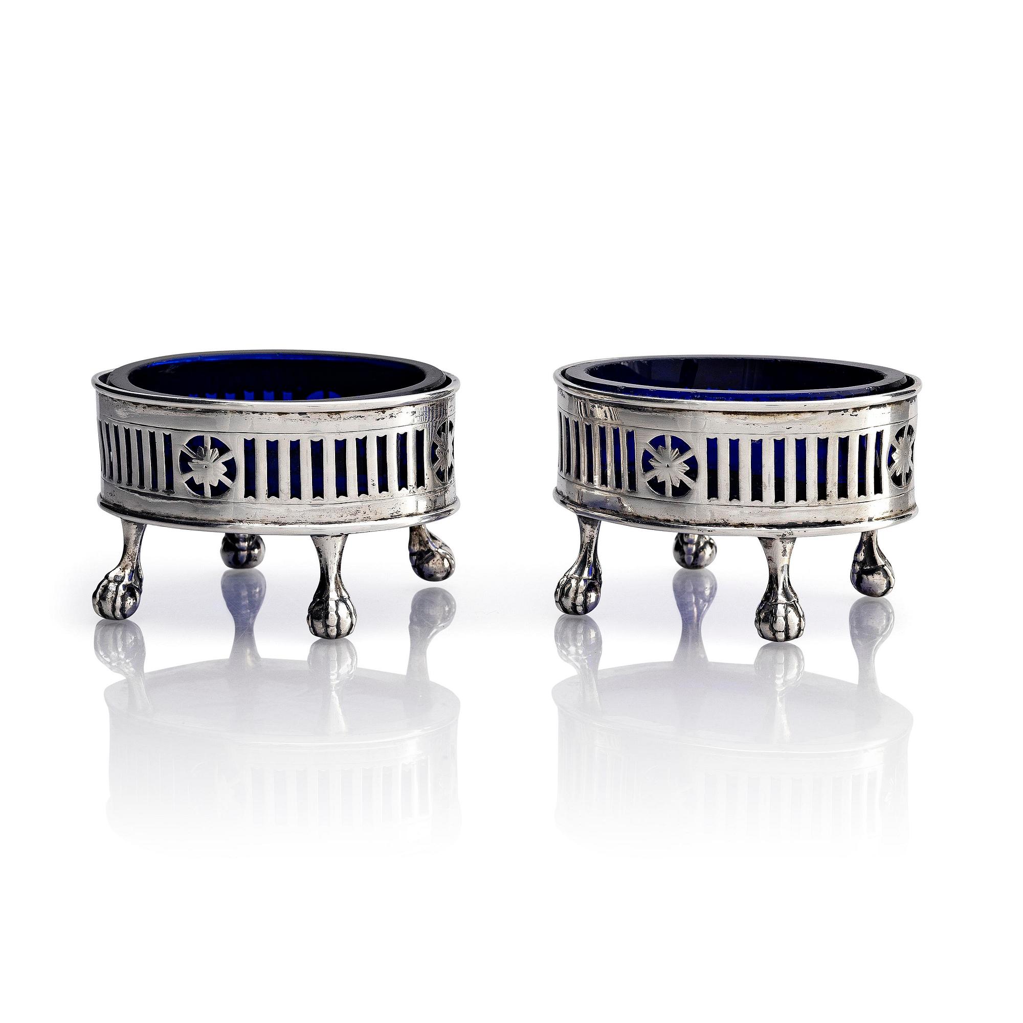 A pair of Swedish silver and glass salt cellars, marks of Arvid Floberg, Stockholm 1785.