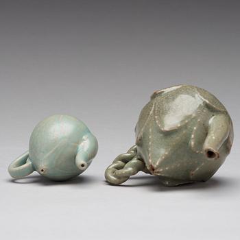 Two Korean celadon glazed pots, Koryo, 13th century.