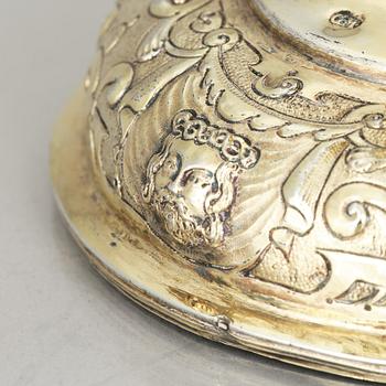 A 17th century silver-gilt cup, marked GM.