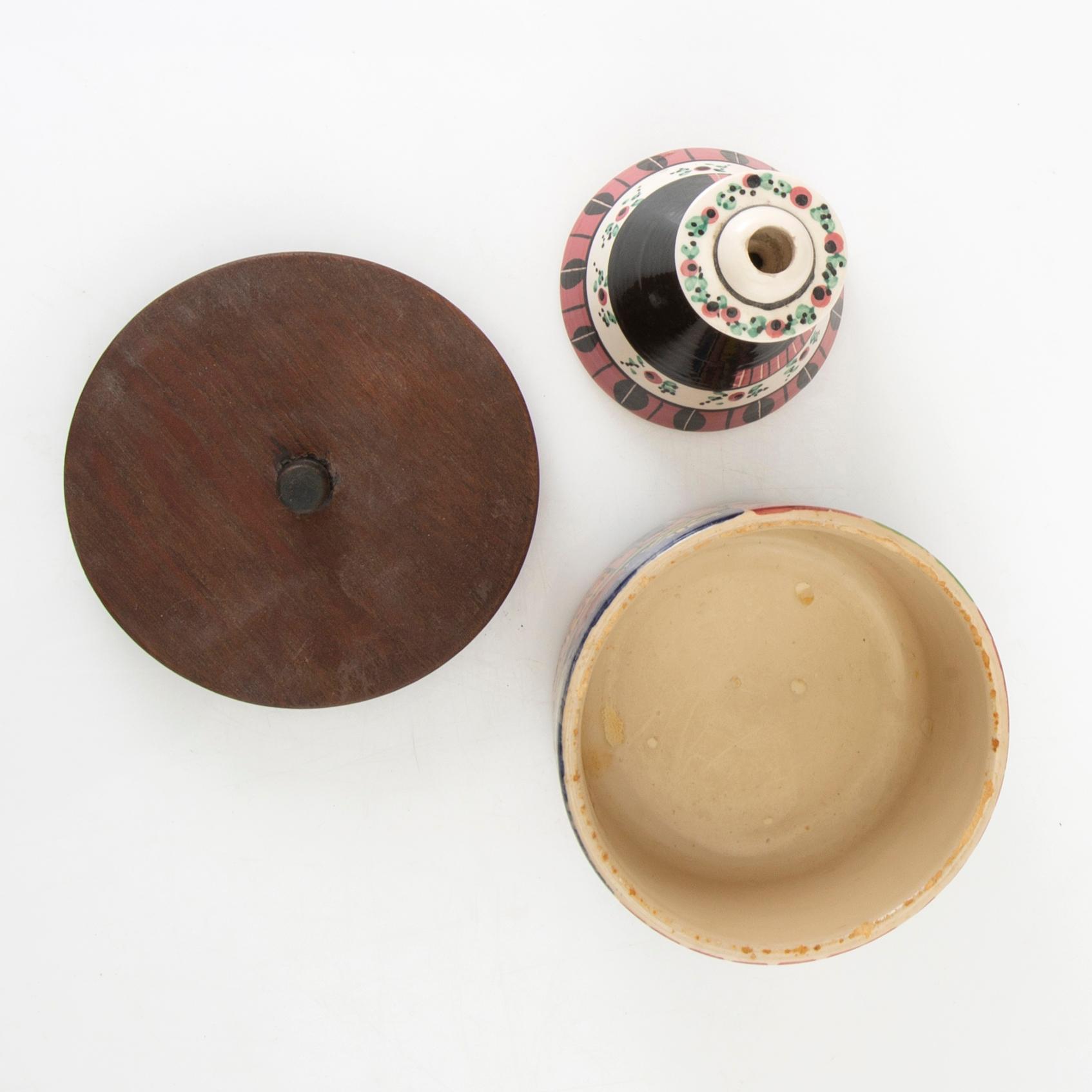 Anita Nylund, bowl with lid "Our Little Town" and candlestick "Woman from Ibiza", Jie Ceramics.