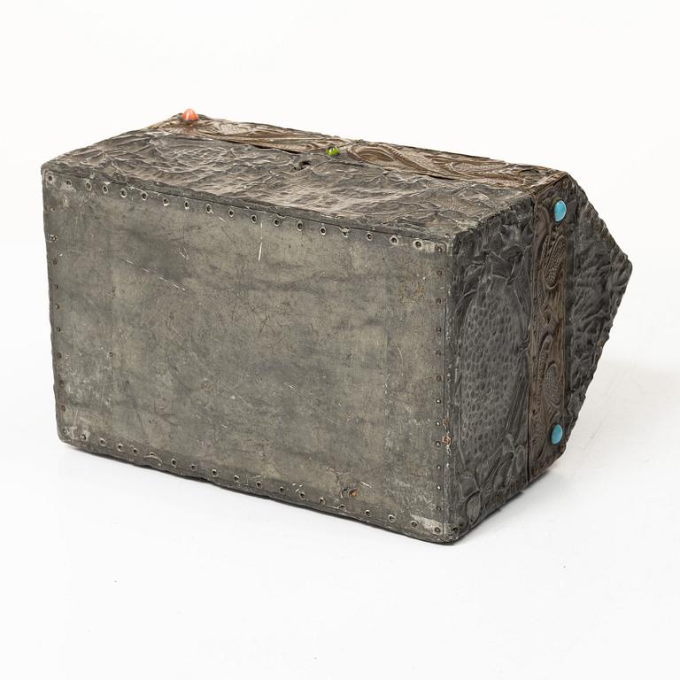 A pewter and copper jewellery box,  with inlaid stones, France, probably circa 1900.