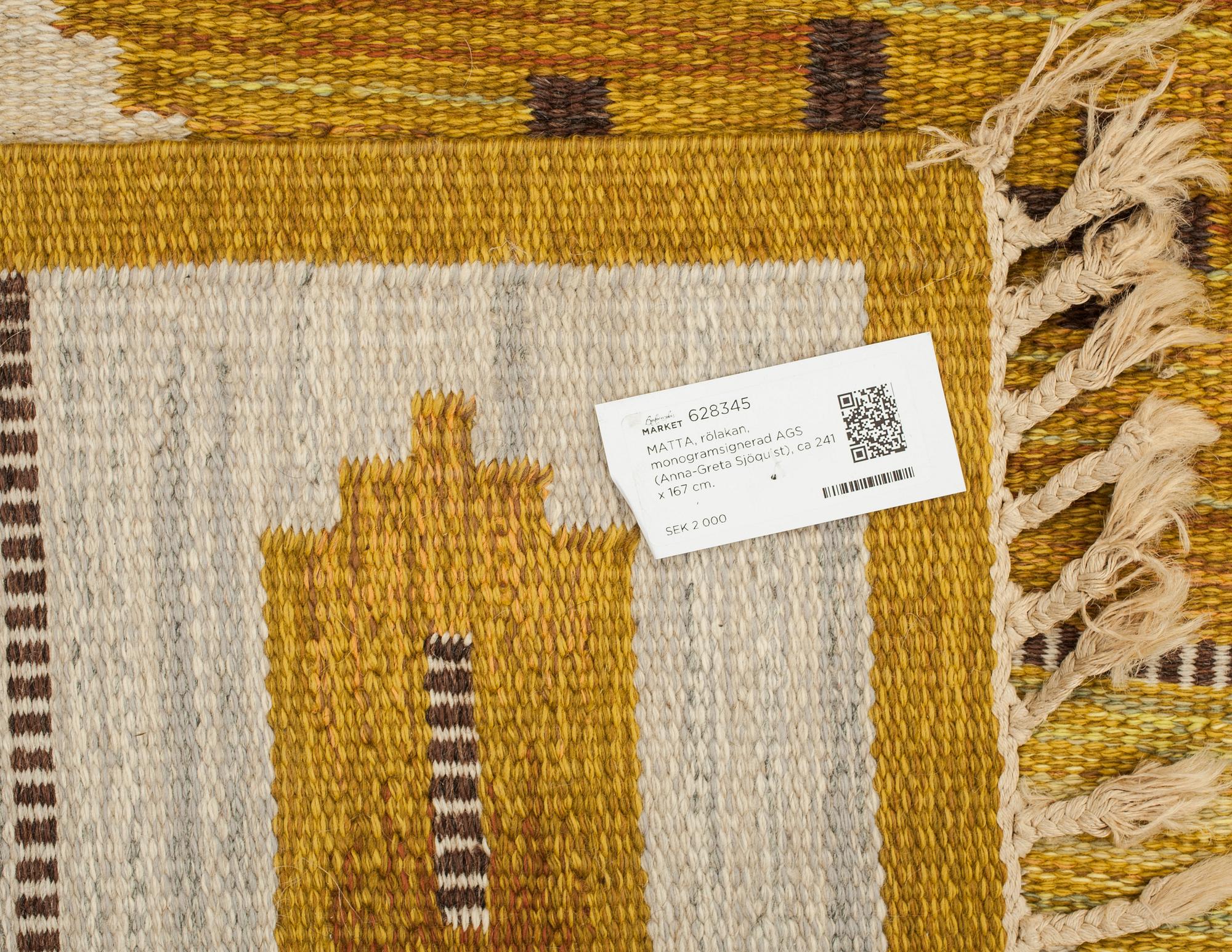 MATTA, rölakan, monogramsignerad AGS (Anna-Greta Sjöquist), ca 241 x 167 cm.