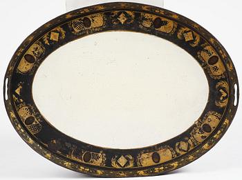 A tole-peinte Empire tray, first part 19th century on a later stand.