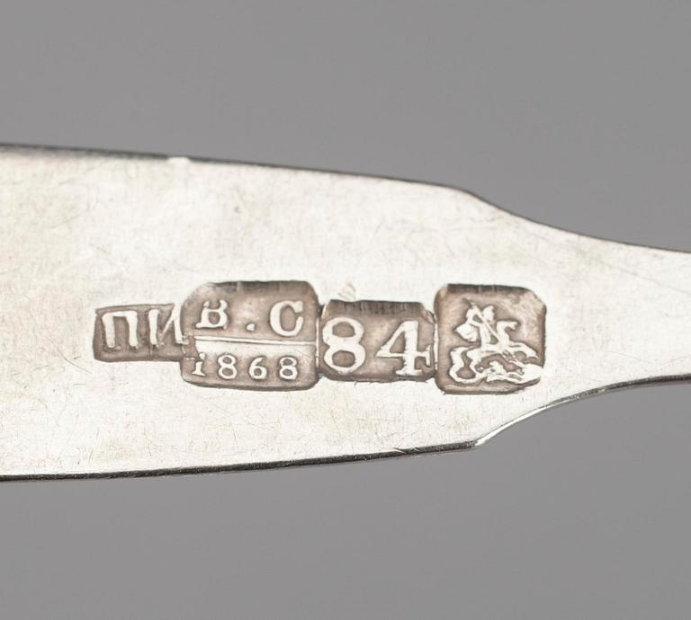 TESKEDAR, 6 st, 84 silver, Moskva 1868. Vikt ca 130,9 g.