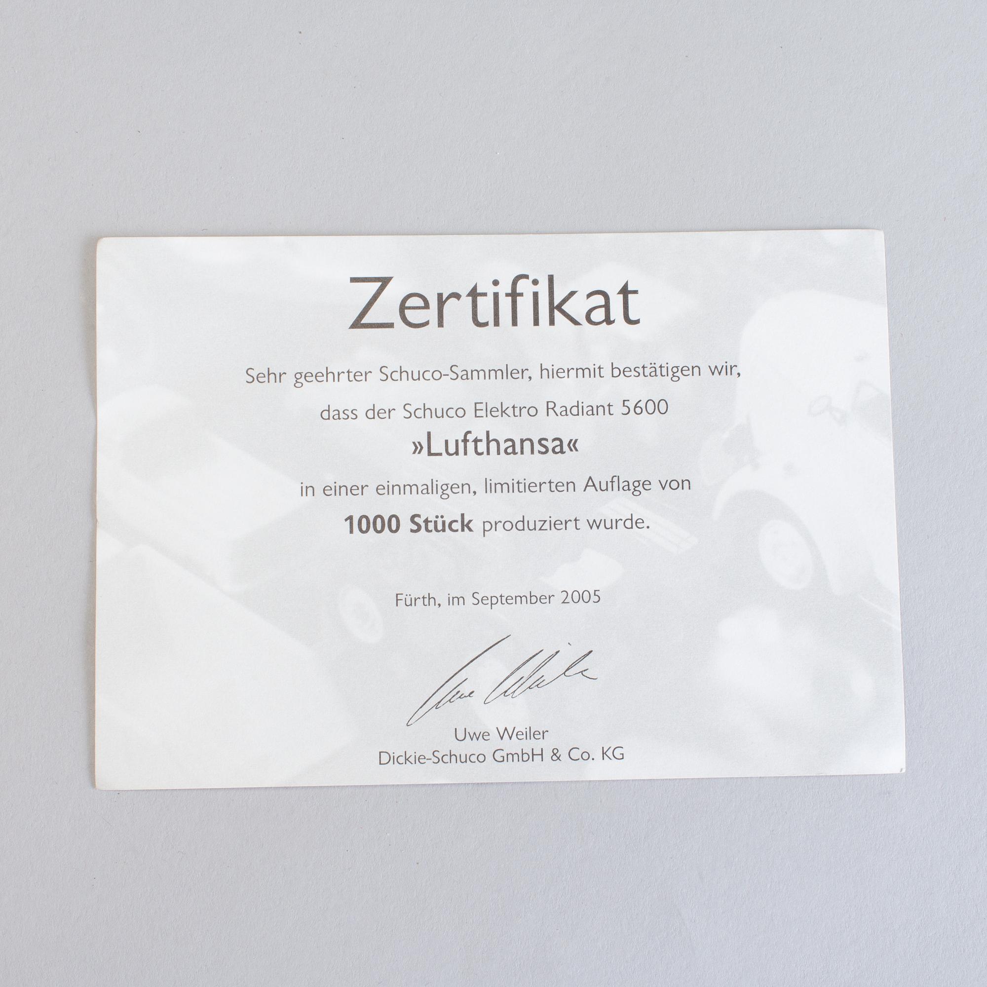 A Schuco airplane "Elektro Radian 5600 Lufthansa" Germany 2005.