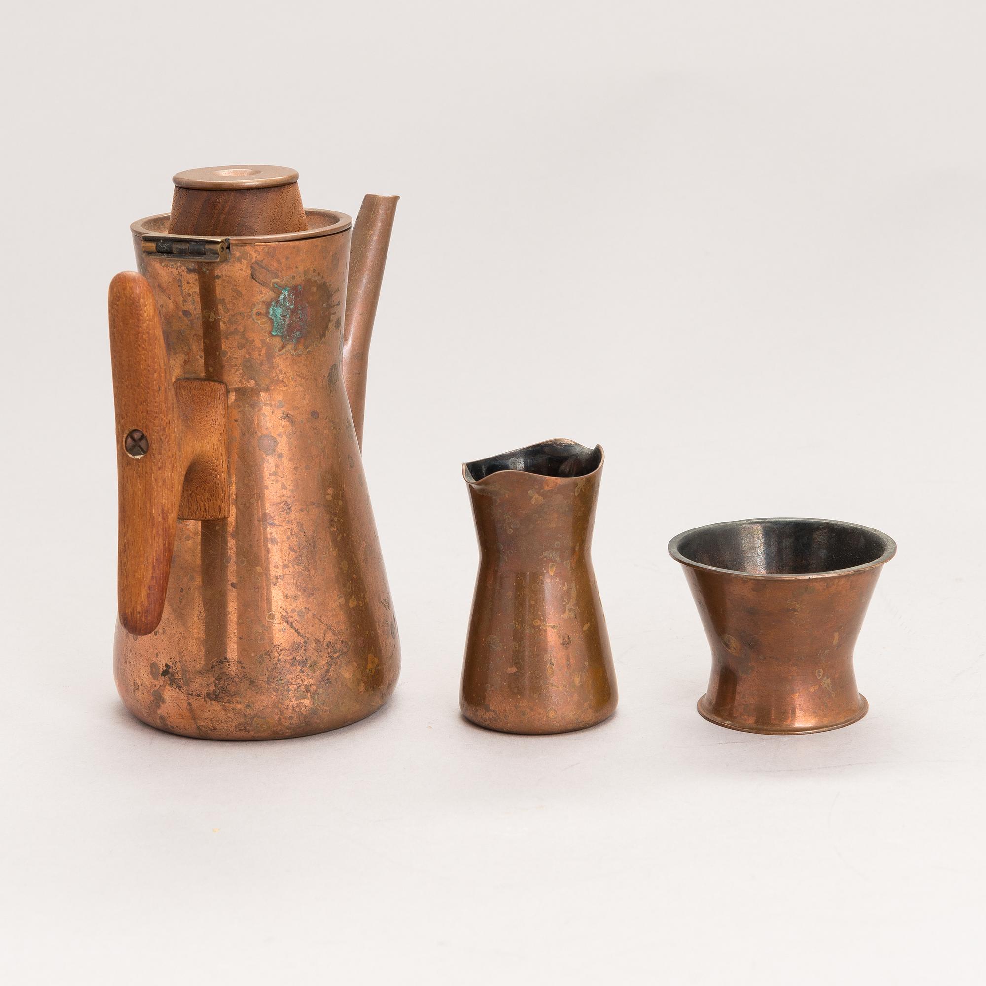 TAPIO WIRKKALA, KAFFESERVIS, 4 delar, koppar och teak, TW 163/164, Kultakeskus, 1960-70-tal. Formgiven 1961.