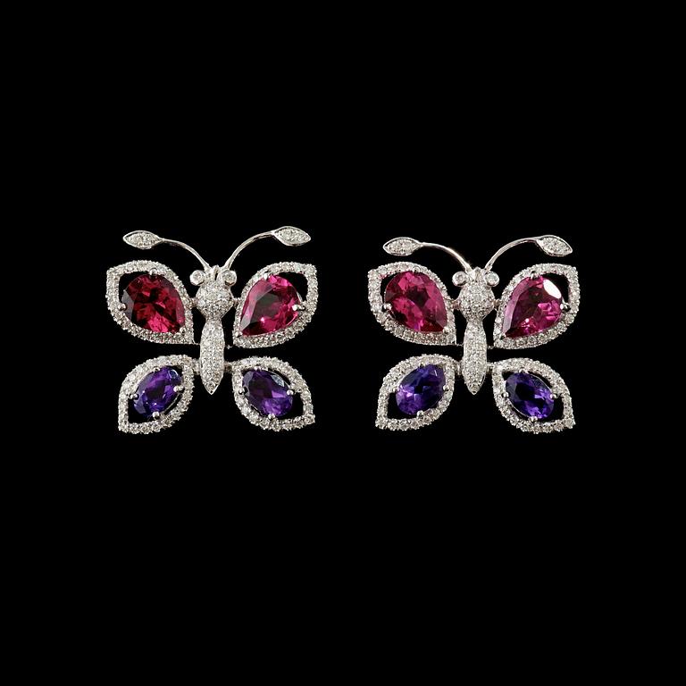 A pair of amethyst, ca 2.00 cts, tourmaline ca 5.80 cts and diamond, ca 1.30 cts earrings in the shape of butterflies.