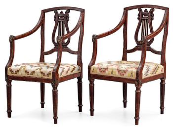 528. A pair of, probably Italian, 19th c. armchairs from Queen Victoria, Solliden. The embroidery by King Gustav V.