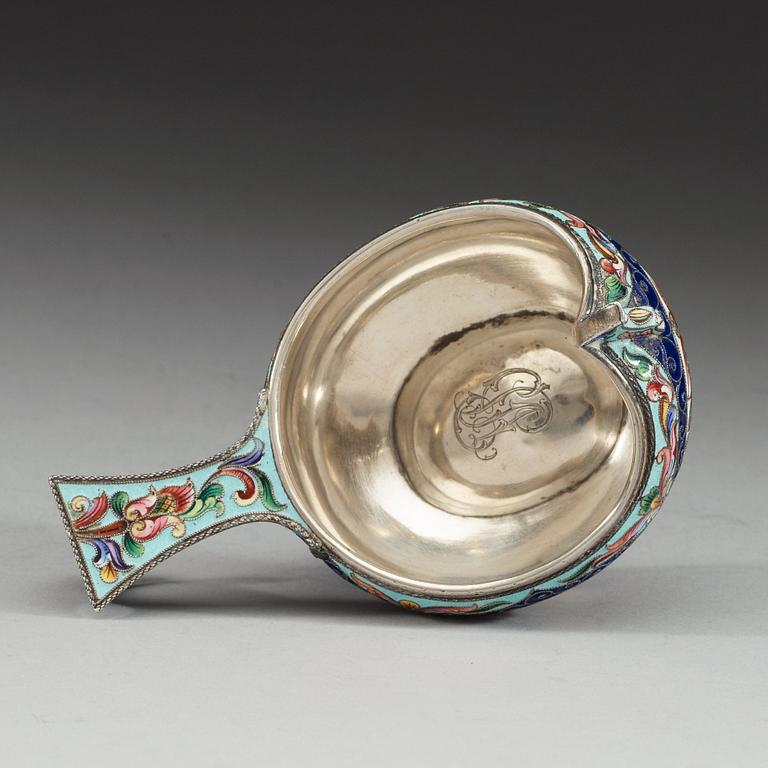 A Russian early 20th century silver and enamel kovsh, unidentified makersmark, Moscow 1899-1908.