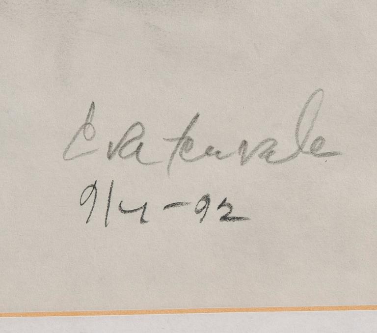 EEVA TERVALA, hiilipiirros, signeerattu ja päivätty 9/4 -92.