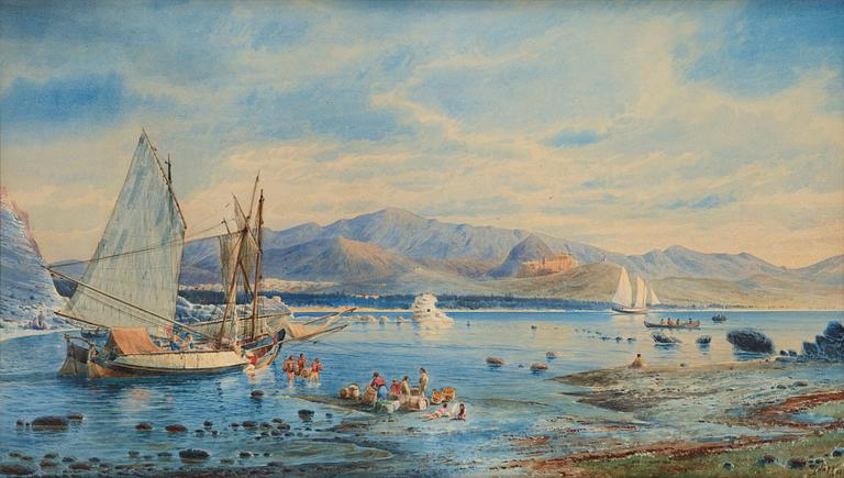 Jacob Hägg, Kustlandskap med ankrade skepp.