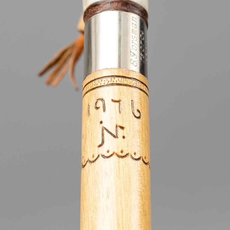 JOHN NILSSON, a Sami birch and reindeerhorn walking stick, signed and dated 1976.