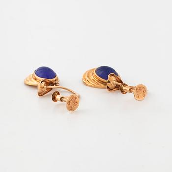 A pair of earrings, probably set with blue chalcedony by E Johansson, Stockholm, 1955.