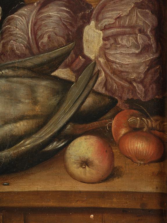 Joachim Beuckelaer, circle of/follower of, Kitchen scene with Jesus in the house of Martha and Mary in the background.