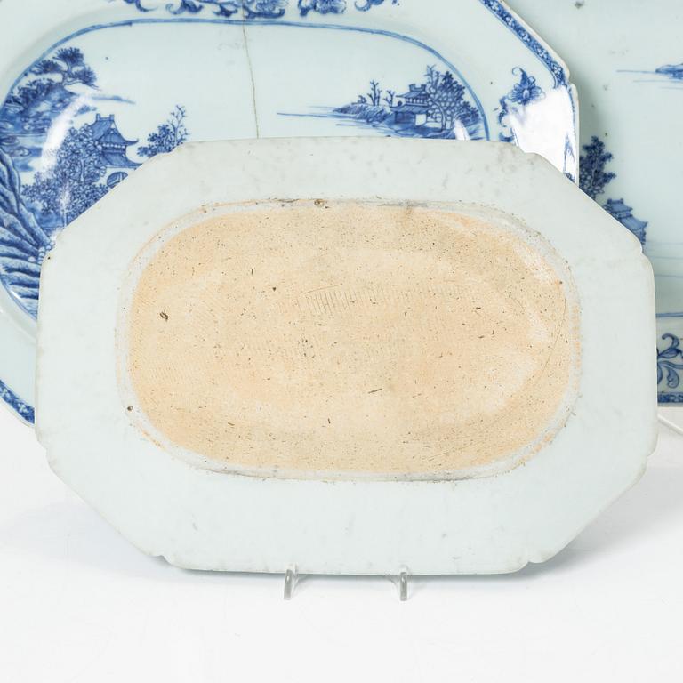 A group of three Chinese blue and white porcelain serving dishes and five dessert plates, Qing dynasty, Qianlong(1736-95.