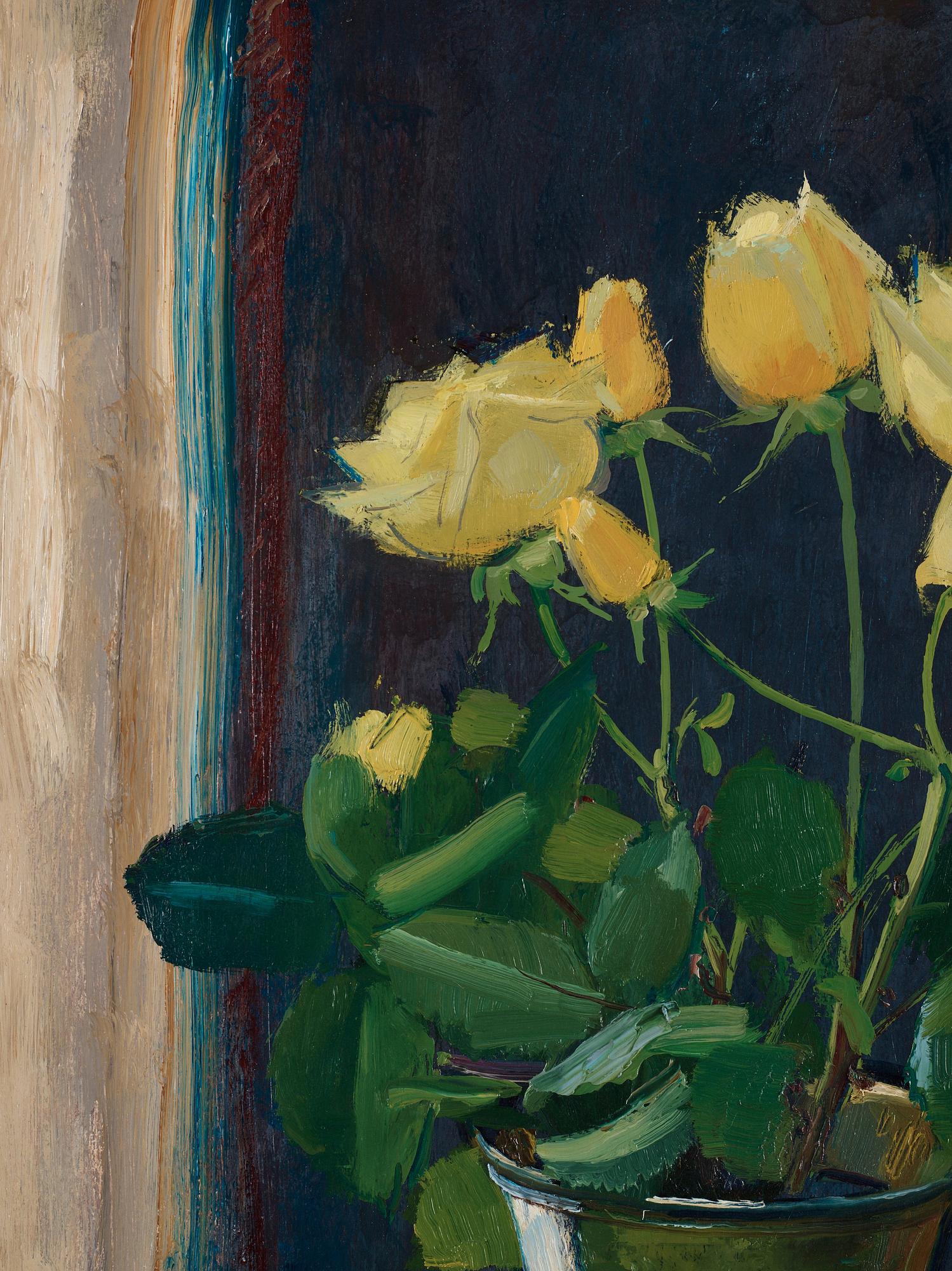 Olle Hjortzberg, Still life with yellow roses in silver vase.