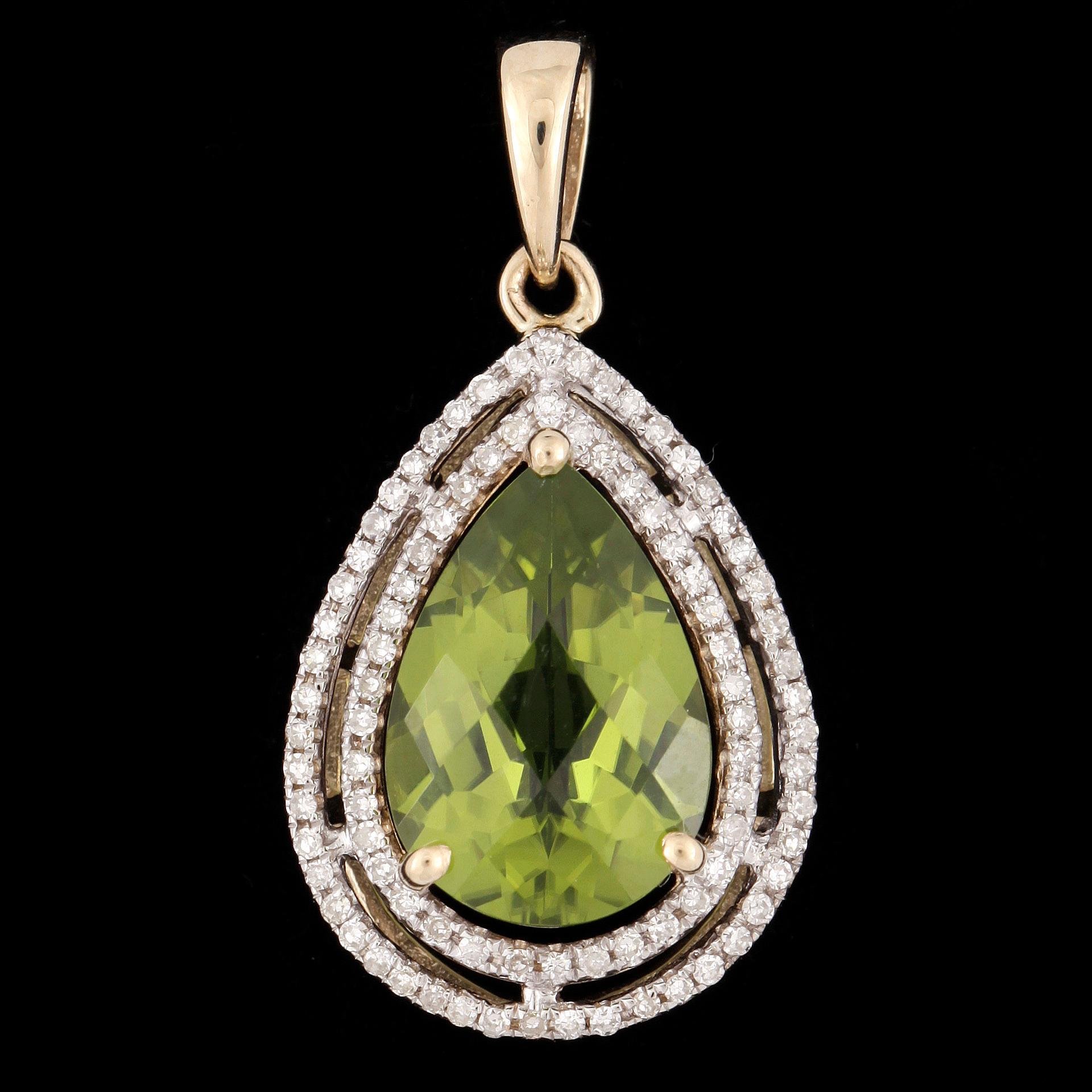 HÄNGE, 14k guld med droppslipad peridot och diamanter. 2000-tal. Vikt 3,6g.