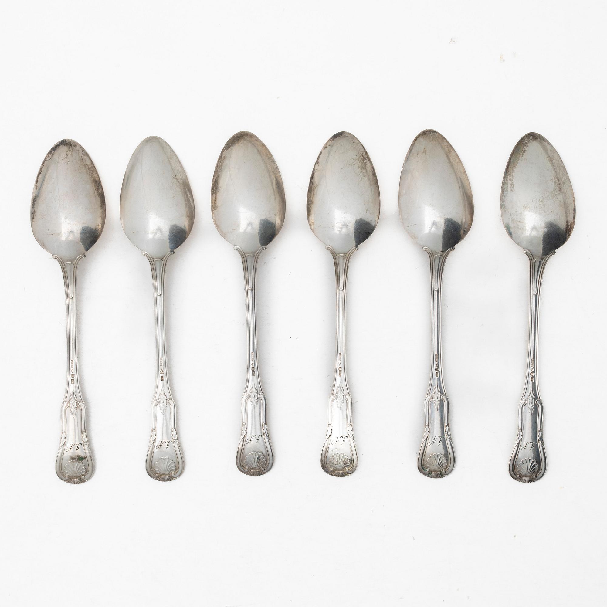 Six Swedish silver dinner spoons, mark of Carl Tengstedt & son, Gothenburg 1883.