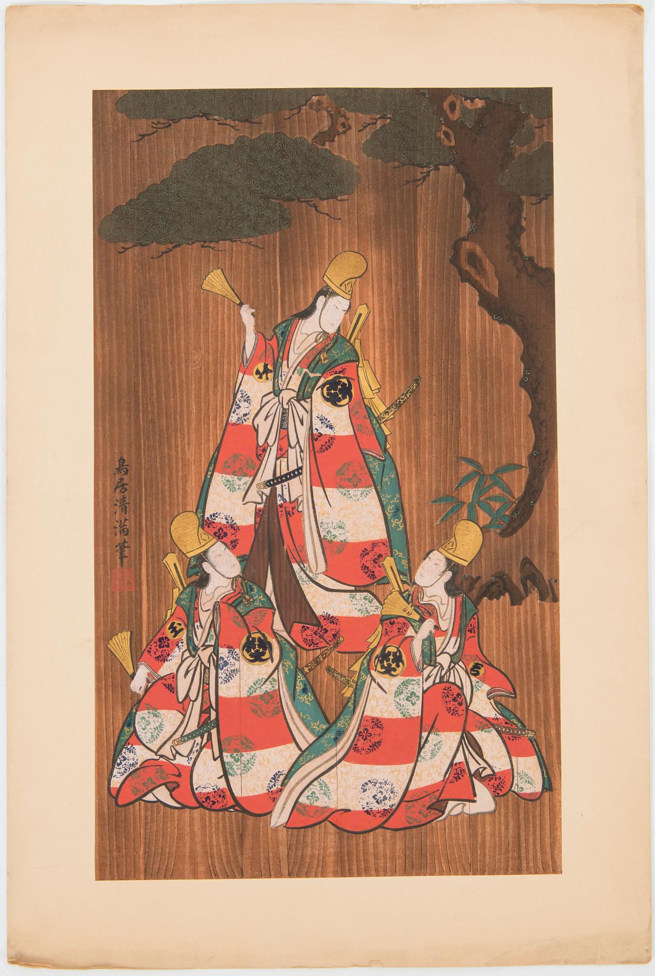 JAPANILAINEN PUUPIIRROS, triptyykki, myöhempi painos, 1900-luvun ensimmäinen puolisko, sekä kolme painotyötä.