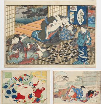 Unidetified artists, three woodblock prints with erotic 'shunga' motifs, 19/20th century.a.